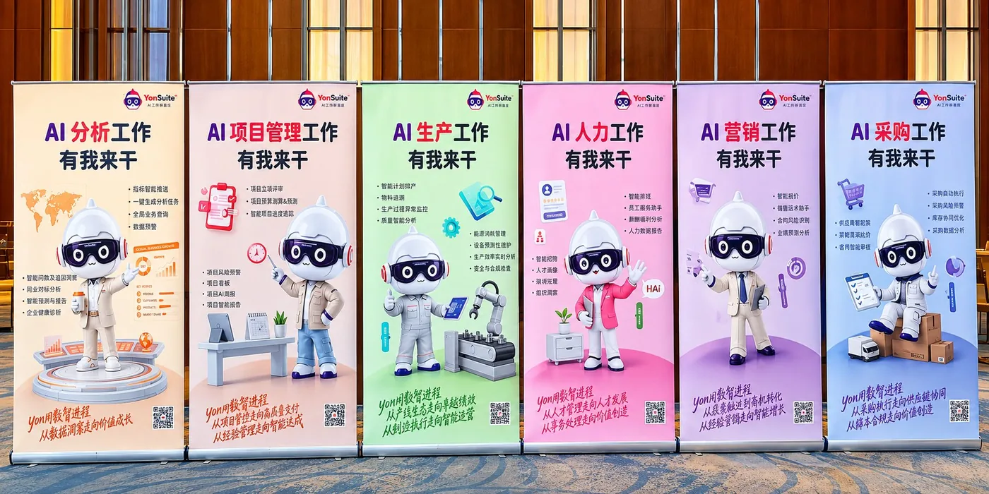 YonSuite 企业AI 展区六块展架：AI 分析、项目管理、生产、人力、营销、采购工作