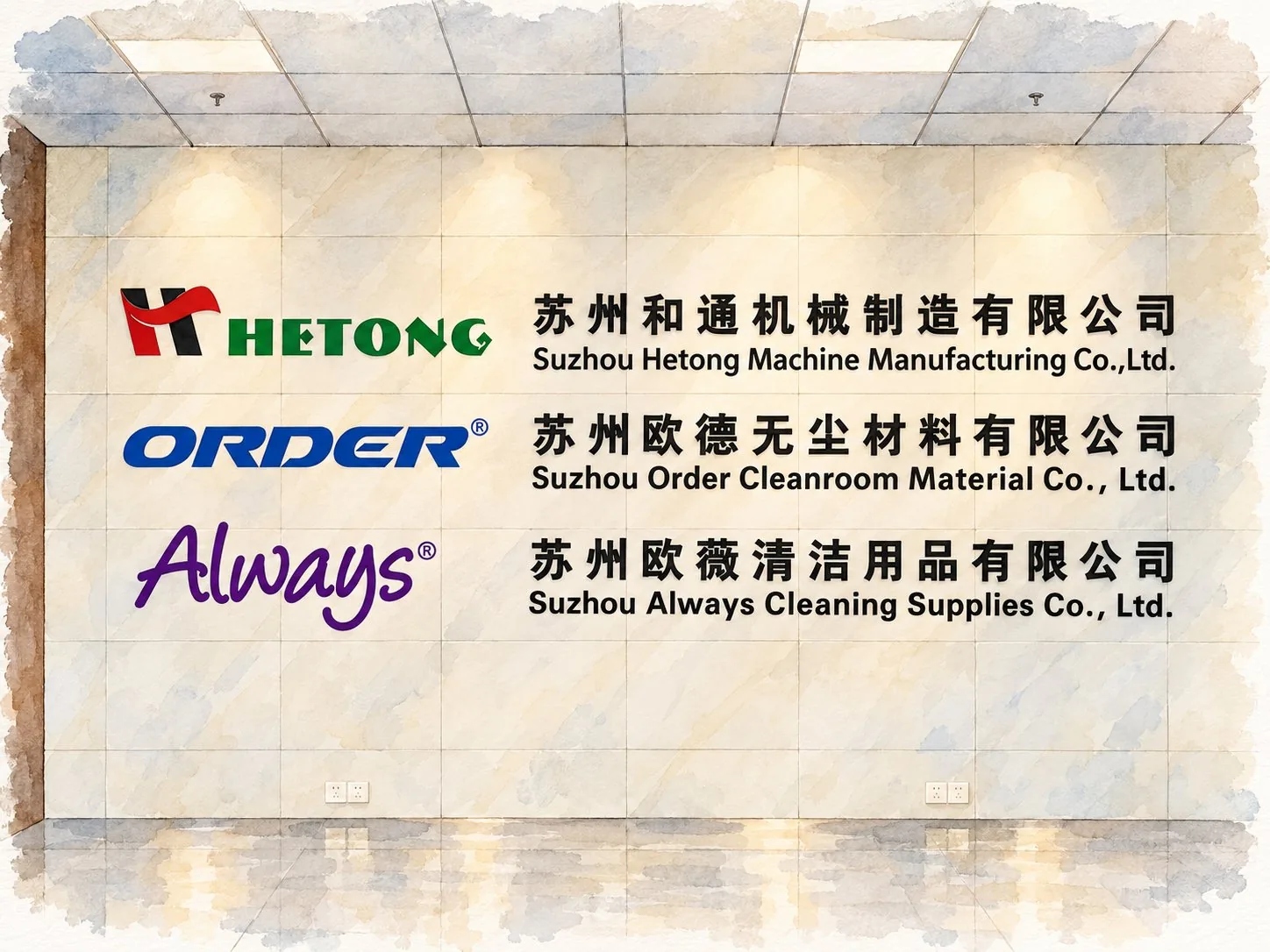 苏州欧德无尘材料有限公司前台品牌墙，和通机械、欧德无尘材料、欧薇清洁用品三个品牌标识并列