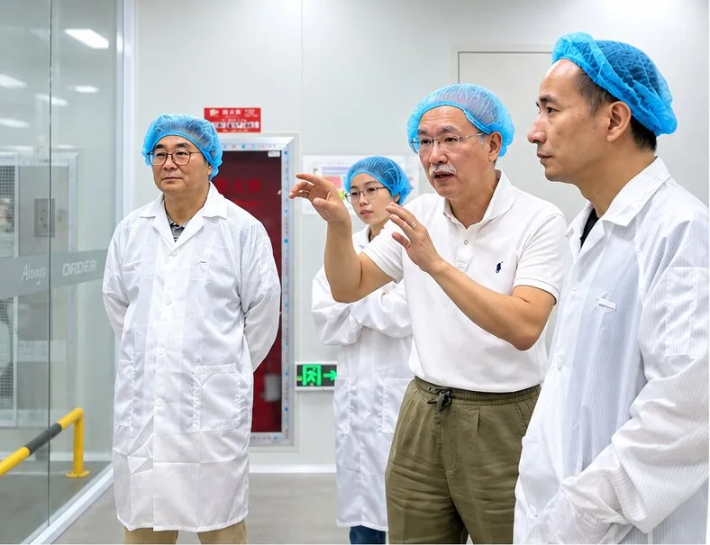 参观人员身着洁净服沿无尘车间观察走廊前行，透过玻璃观察生产区