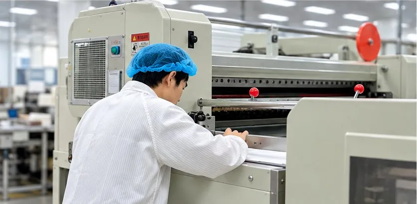 操作人员在设备旁监控材料运行状态